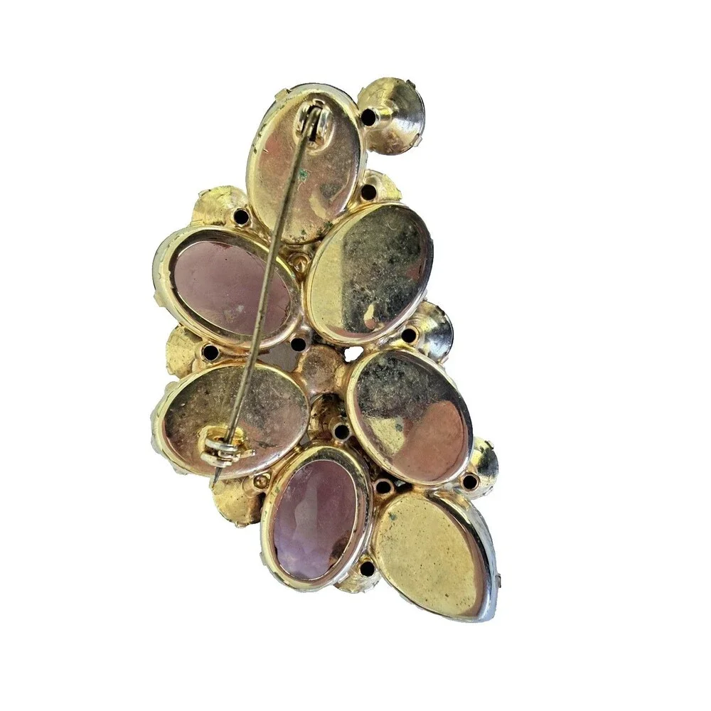Vintage 1950s Lavender Satin Glass AB Rhinestone Cluster Brooch Pin Gold Tone